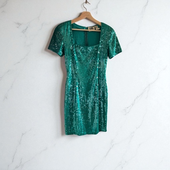 Vintage Nite Line Sequin Mini Dress – Teal Green Party Cocktail Dress (Size 4) - Picture 1 of 6